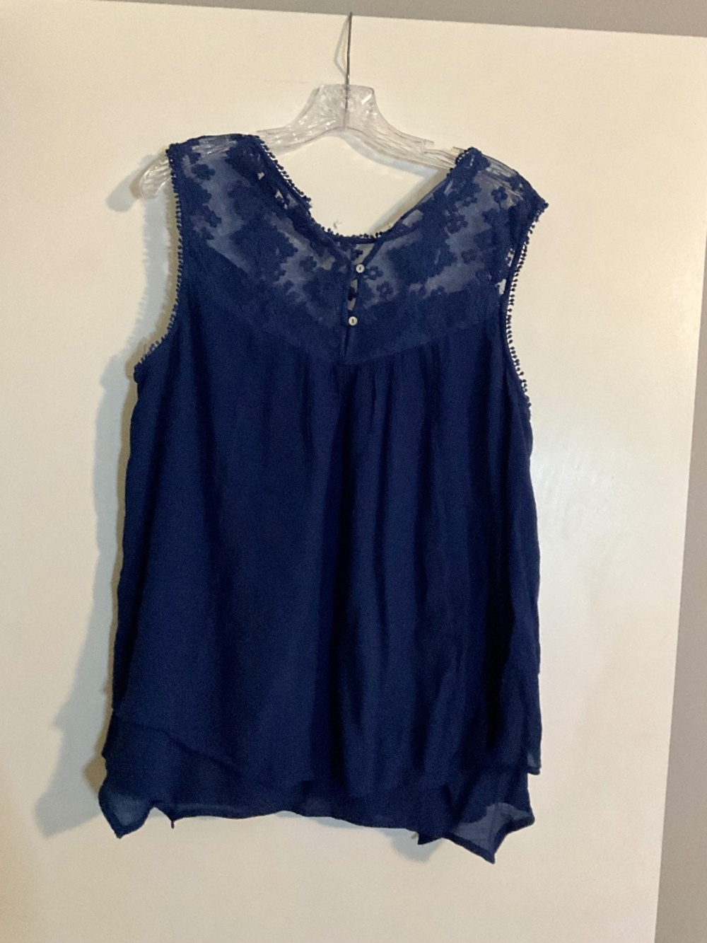 blue lace-trim swing top featuring a sheer‎ embroidered yoke